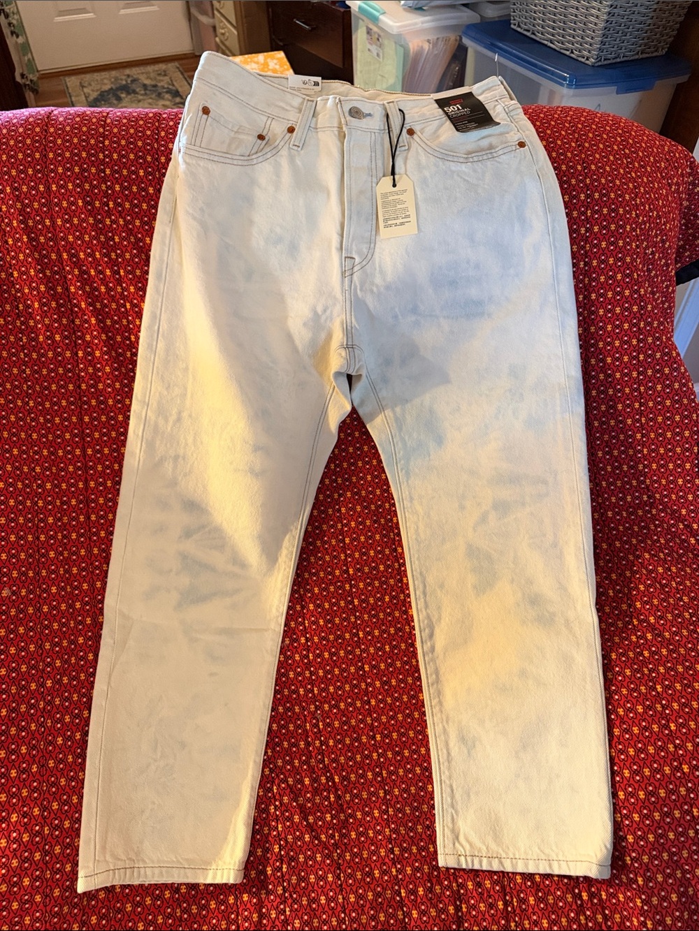Levi's Light white with blue fades in it. 501 original cropped .